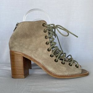 JEFFERY CAMPBELL CORS Lace Up Peep Toe Taupe Suede Bootie Size 6 stacked heel